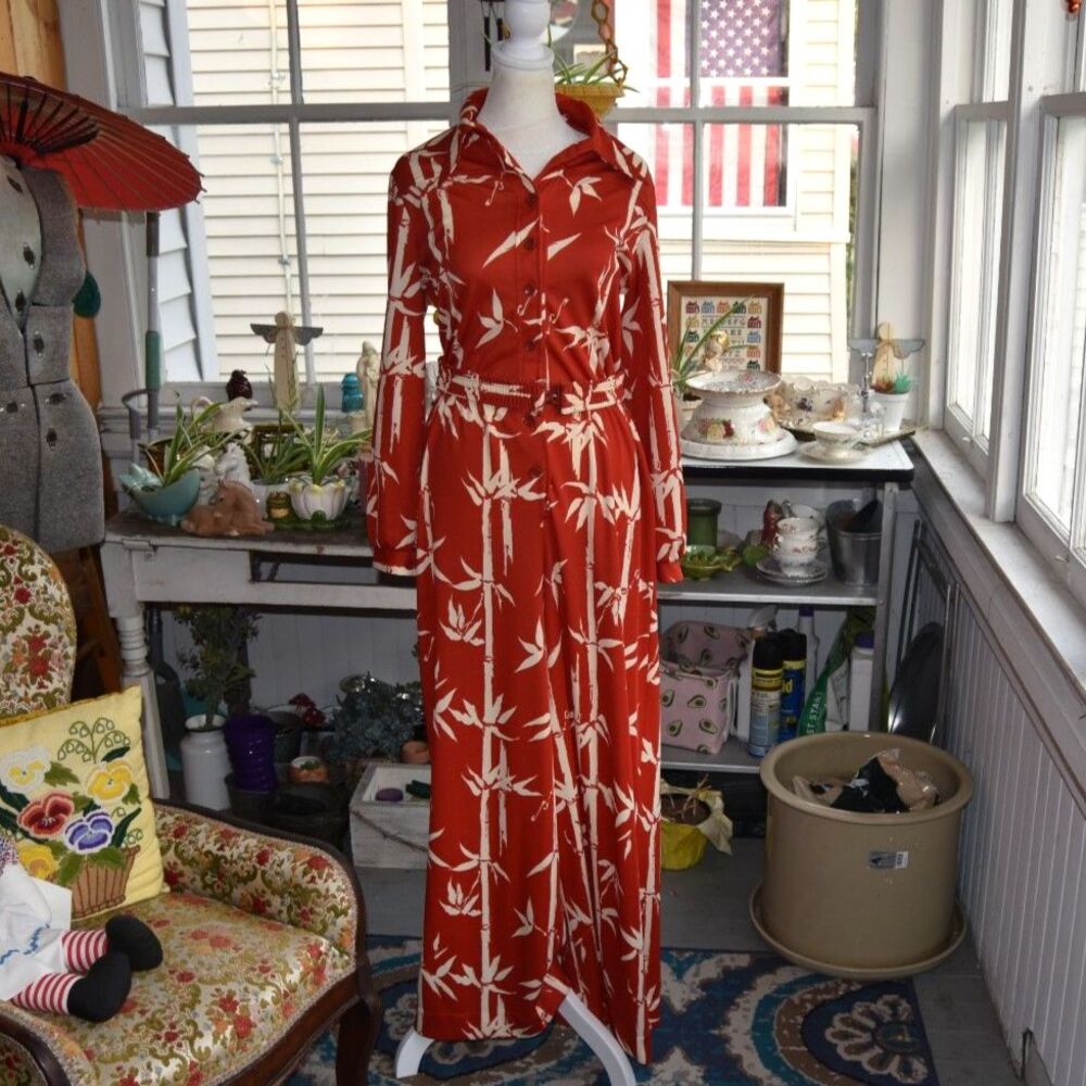 Vintage 70s Bamboo Print Jumpsuit Women's M Rust Cream Wide Leg Disco